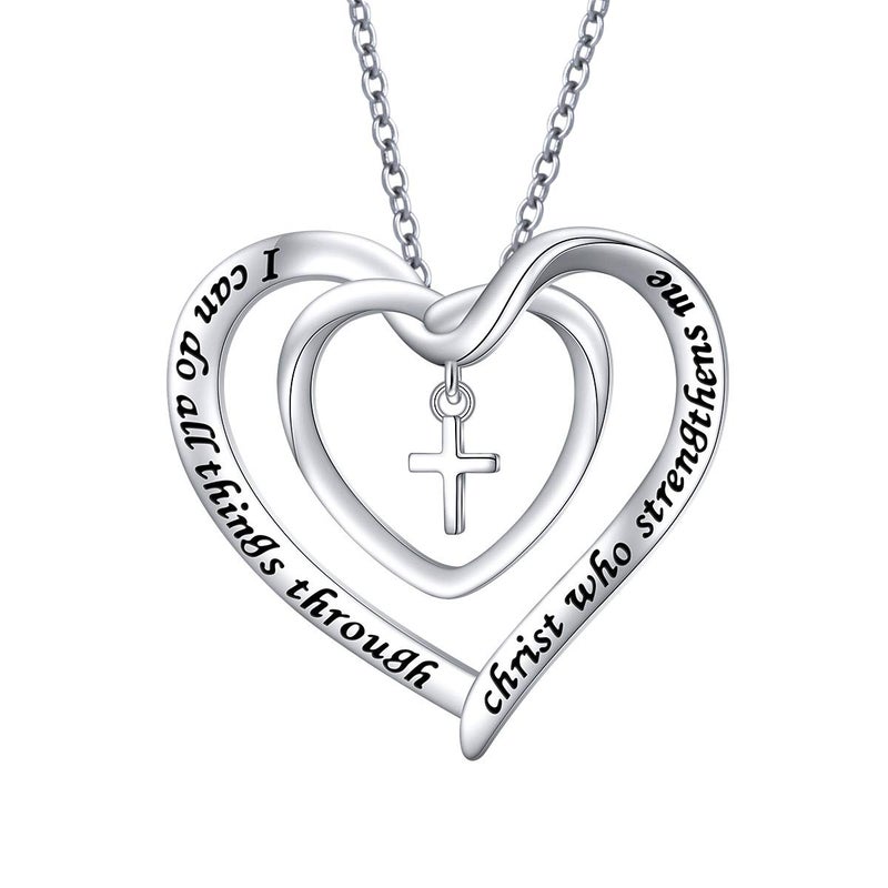 DAOCHONG S925 Sterling Silver Cross Heart Inspirational Christian Faith Bible Verse Pendant Necklace for Women Teen - Image 1